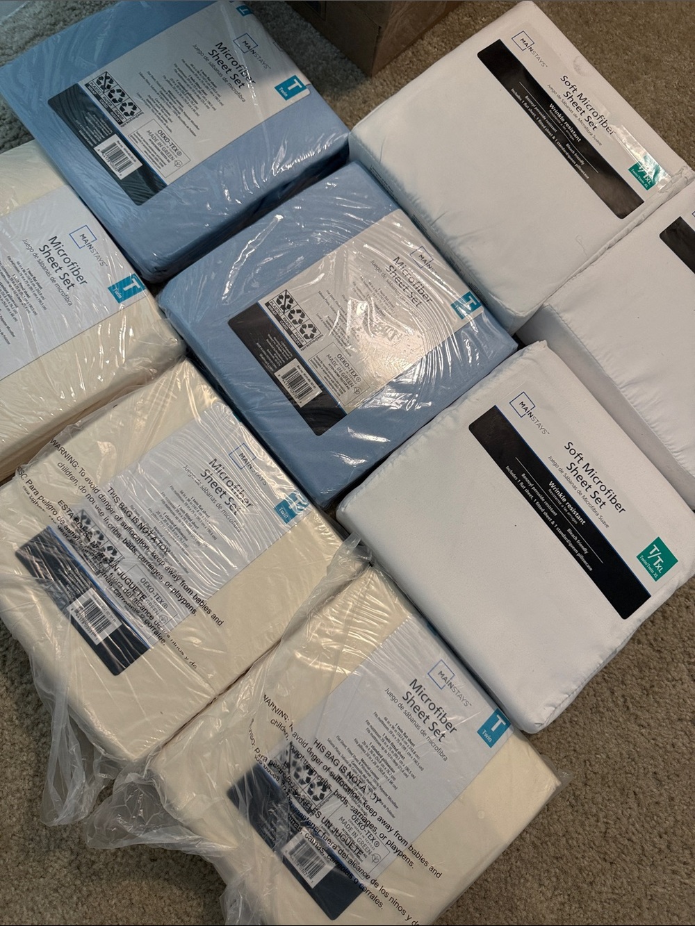 8 BRAND NEW SETS Mainstays Microfiber Sheet Sets - White, Blue, Cream